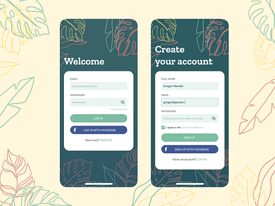 Daily UI 001: Sign Up 001 banana leaf challenge daily ui dailyui dailyui 001 design figma illustration leaf leaves lineart log in login mobile mobile ui monstera rubber leaf sign up signup