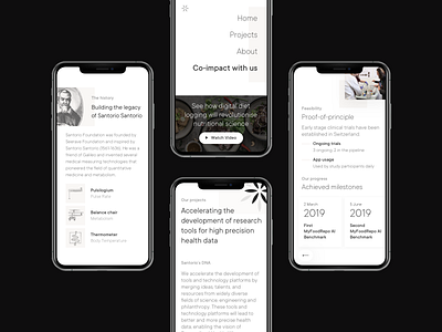 Santorio Foundation iPhone mockups black and white cards case study engraving health minimal mobile mobile design mobile ui mockup modern pattern philanthropy science typography ui user interface ux web website