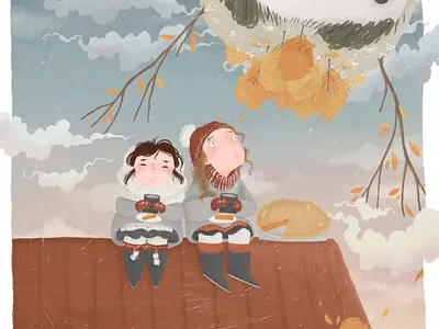 Lynn, Mia and Hákon autumn book illustration friend giant girls illustraion kids illustration pumpkin pie roof scandinavian sisters story style tea
