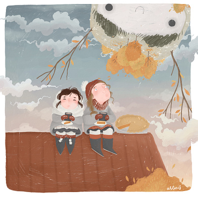 Lynn, Mia and Hákon autumn book illustration friend giant girls illustraion kids illustration pumpkin pie roof scandinavian sisters story style tea