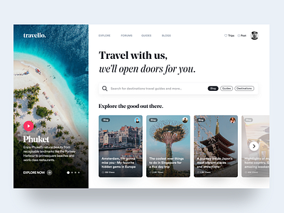 Travello. - Travel Web App / Website Design ✈ blog branding clean design interface landingpage minimal travel travel app travel blog trip trip planner typeface typogaphy ui uiux ux webdesign website website design