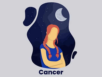 Cancer Zodiac art blue braid cancer character cute design flat flatdesign girl gradient illustration moon night pink zodiac zodiac sign