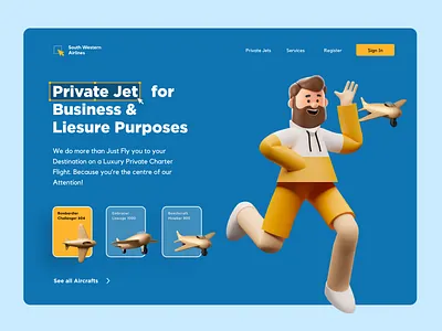 Landing Page : : Private Jet 3d airline app character clean design flight illustration jet landing page minimal mobile ui web website