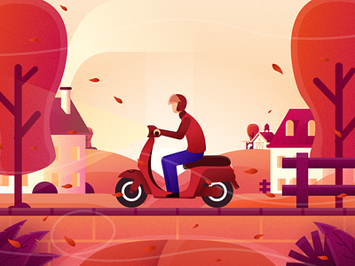 A Windy Autumn 2 app autum design flat illustration illustrator landscape minimal motorcyle vector web website wind