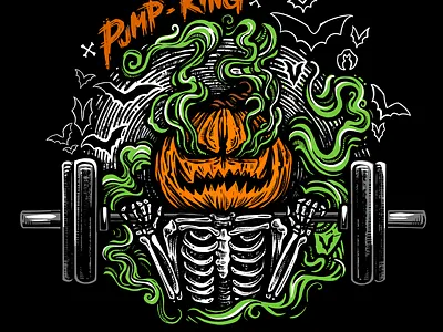 The Pump King barbell bats design drawing gym halloween illustration pumpkin screen printing spooky spoopy
