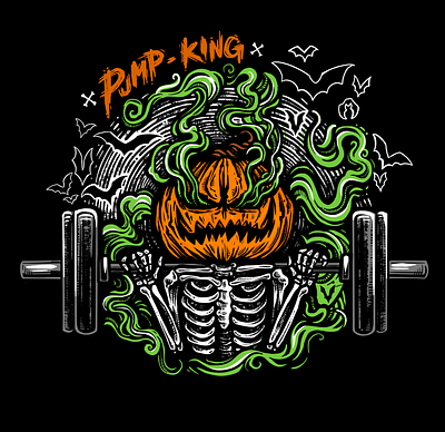 The Pump King barbell bats design drawing gym halloween illustration pumpkin screen printing spooky spoopy