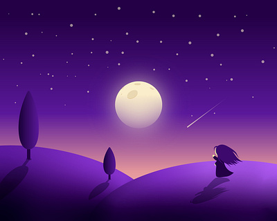 Starlit Night flat flat illustration girl illustration kammerel moon nature night purple shooting star sky space star stars vector