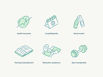 Ixaris culture icons benefits culture gym gym membership hand drawn health insurance icon icon design icon set iconography icons icons set insurance long weekend perks personal development playful relocation social training