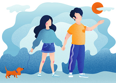 young couple walking with a dog app character dog flat girl icon illustration natimade park people sticker vector walking