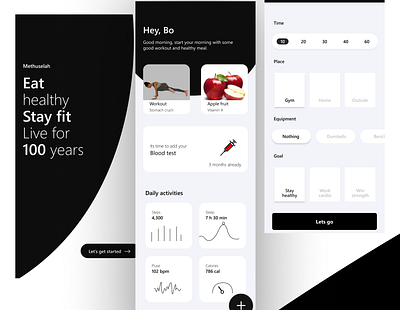 methusaleh app app black design fitness fruit health health app healthcare ui ux white