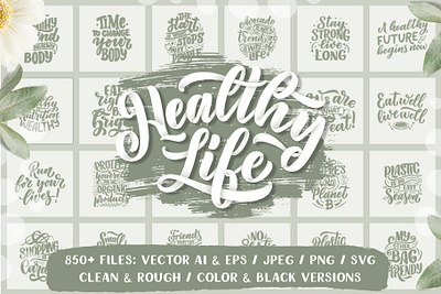 Healthy Life Lettering Set composition design ecology ecommerce hand drawn health healthy healthy lifestyle healthyfood illustration lettering logo logotype phrases poster print project quotes t shirt print typography