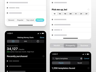 Figma iOS design kit - Tabs and Segmented controls app design figma filter filters ios iphone mobile navigation placeholder segment segmented control skeleton tab tabs ui ui kit ux