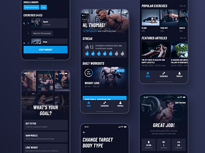 30 Day Fitness Challenge App Redesign. Main screens app dark dark layout design exercise fitness fitness app layout mobile redesign ui ui design uidesign uiux uiux design ux workout workout app