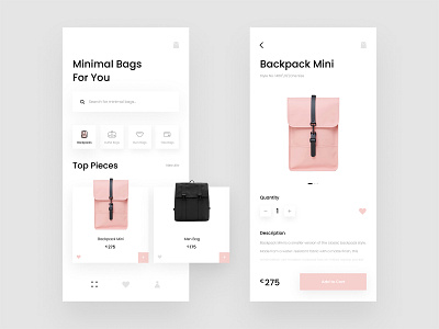 Bag Store App Design app app design bag store bags card design ecommerce illustration minimal mobile app money online order online shop online store payment product design shopping app shopping cart ui ux