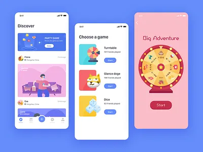 Party Game app design dice discover doge game illustration party social ui