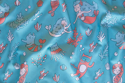 Fabric by the Yard Mermaids & cats. cartoon catmaid cats cute drawing fabric fabric design fabric pattern illustration kids kostolom3000 mermaid spoonflower textile vector