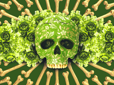 Mortal wall 3d 3dsmax art character concept death floral flower golden head ornament render skull wallpaper
