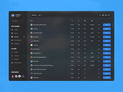 Concept Epic Games | Library #15 achievements app application concept control date desktop epic games games launcher library list management play player store time ui ux