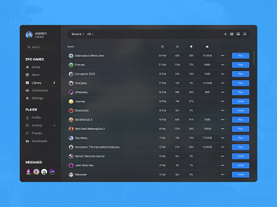 Concept Epic Games | Library #15 achievements app application concept control date desktop epic games games launcher library list management play player store time ui ux