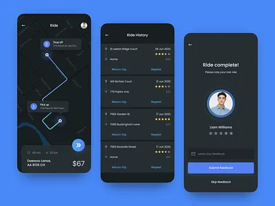 Taxi App app blue dark dark mode dark theme dark ui design interface ios location map mobile mobile app design ride taxi taxi app taxi booking app taxi driver ui ui concept