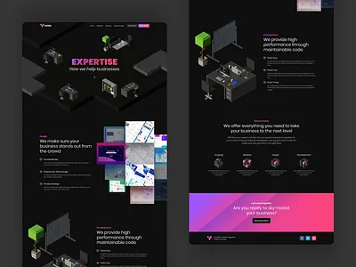 Voxel Expertise Landing Page 3d blocks dark design desk gradient icons illustrations isometric landing page laptop presentations scene services simple ui ux web design