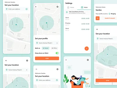 The Phone Silencing App concept design daily ui design flat gps tracker iconography illustration illustrator location app location tracker minimal mobile app silent app ui uichallenge uidesign uxdesign uxui