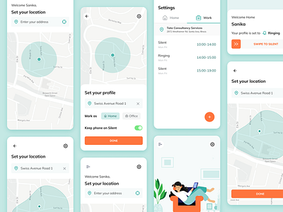 The Phone Silencing App concept design daily ui design flat gps tracker iconography illustration illustrator location app location tracker minimal mobile app silent app ui uichallenge uidesign uxdesign uxui