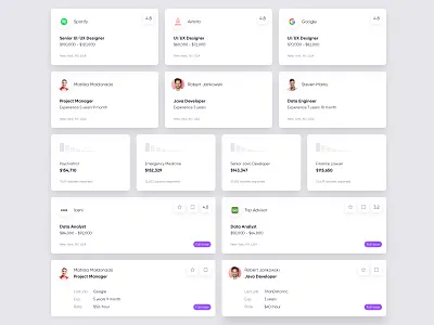 UI Cards White applicant applicants clean employee employer experience freebie info job job board job listing joblisting jobs location menu minimal salary ui ux work