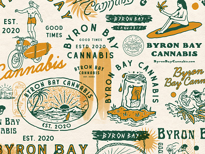 Byron Bay Cannabis badge design beach byron bay cannabis custom motorcycle handdrawn logo motorcycle palm surf surfboard surfing typography