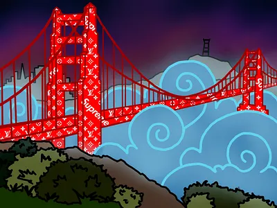 : Golden Gate Bridge x Supreme x Louis Vuitton : bayarea bridge bridges bushes california design designer flat golden gate bridge hypebeast illustration logo louis vuitton procreate procreate art procreate brushes procreateapp red san fran supreme