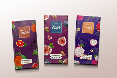 Filon - Healthy Chocolate brand chocolate chocolate packaging digital illustration fruits lllustration logo packaging design