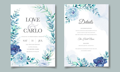 Wedding invitation card with blue watercolor floral background blue botanical card celebration design floral flower frame illustration invitation nature pattern spring summer template vector vintage watercolor wedding