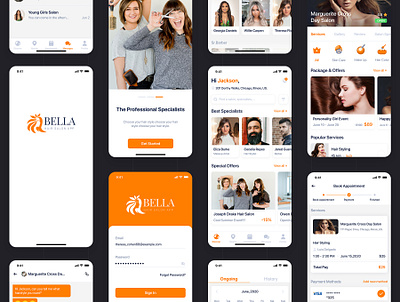 Bella - Hair Salon mobile app app app ui barber shop beauty bundle cutters flat hair design hair stylist haircuts hairsalon interface ios material mobile salon salon app spa ui ui kit