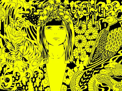 KAGEROU bird butterfly carp cartoon design dragon drawing eagle flower girl illustration japan ocean wave painting pop tiger