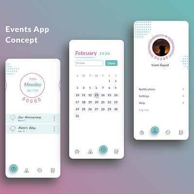 Events app abstract app art clean ui clear cute design flat icon minimal mobile mockup modern ui ux web website