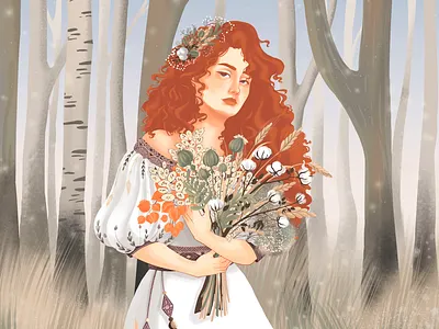 Girl with autumn bouquet autumn botanical bouquet character digital illustration digital painting digitalart flowers forrest ginger girl character illustraion