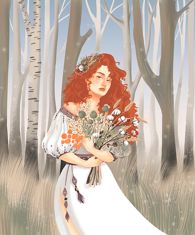 Girl with autumn bouquet autumn botanical bouquet character digital illustration digital painting digitalart flowers forrest ginger girl character illustraion