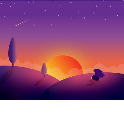 Sunset day flat illustration girl hill illustration kammerel night stars sun sunset tree vector