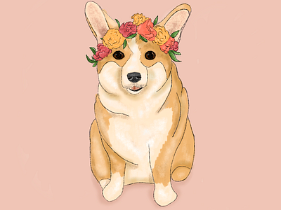 Corgi in a flower crown corgi corgis cute dog dog art dog illustration dog portrait florals flower crown flowers freelance illustration pet portrait pets