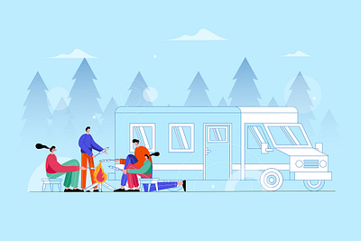 Family Camping Together In Forest - Vector Illustration adventure camp family forest happy hiking holiday illustration leisure lifestyle nature outdoor people recreation summer together travel trip vacation vector