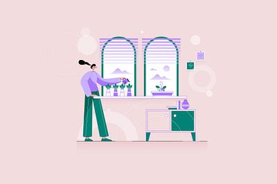 A Young Woman Waters Her Houseplants botanical botany care cartoon concept female flat garden gardening grow hobby houseplant illustration people person plant vector watering woman young