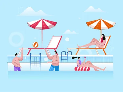 Group Of Friends Having Fun In Swimming Pool activity beach cartoon friends fun group happy holiday illustration leisure party people pool summer swimming vacation vector water young