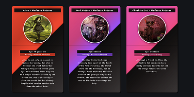 Alice Madness Returns Profile Cards aliceinwonderland design gradients red and black design responsive responsive web design ui ux web webdesign