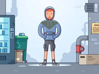 Red man 2d illustration bag blue box conditioner designs drink flat fridge hoodie illustration man puddle red sneakers trashcan vector water