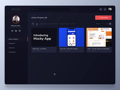 Mocky app - Animate your mockup aftereffects animation application dark app dark mode dark theme dark ui design interaction design ixd mockup protopie5.0 software timeline tools ui ux web app webapps