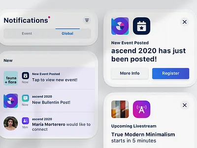 Event Notifications — Live stream + New Events clean connect dailyui event global grid icon mobile modal modals modern notifications space ui ux