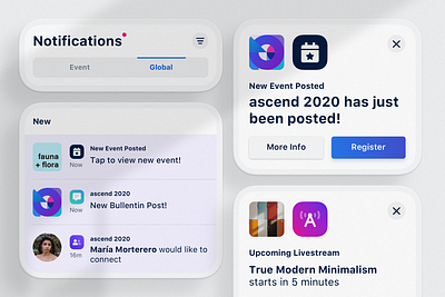 Event Notifications — Live stream + New Events clean connect dailyui event global grid icon mobile modal modals modern notifications space ui ux