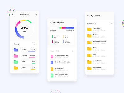 AB's File Explorer analysis app appdesign charts clean clean design clean ui cloud storage colourful design colourfull fileexplorer filemanager files material materialdesign piecharts storage ui uidesign vector