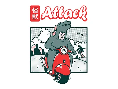 Kaiju Attack akira toriyama dinosaur godzilla graphic tee illustration kaiju pop culture scooter tshirt vespa