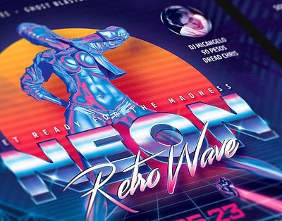 Neon Retrowave 80s Party Flyer 80`s 80s eighties flyer future futuresynth girl invite music neon new outrun party retro retrowave sexy sexy girl synth synthwave wave